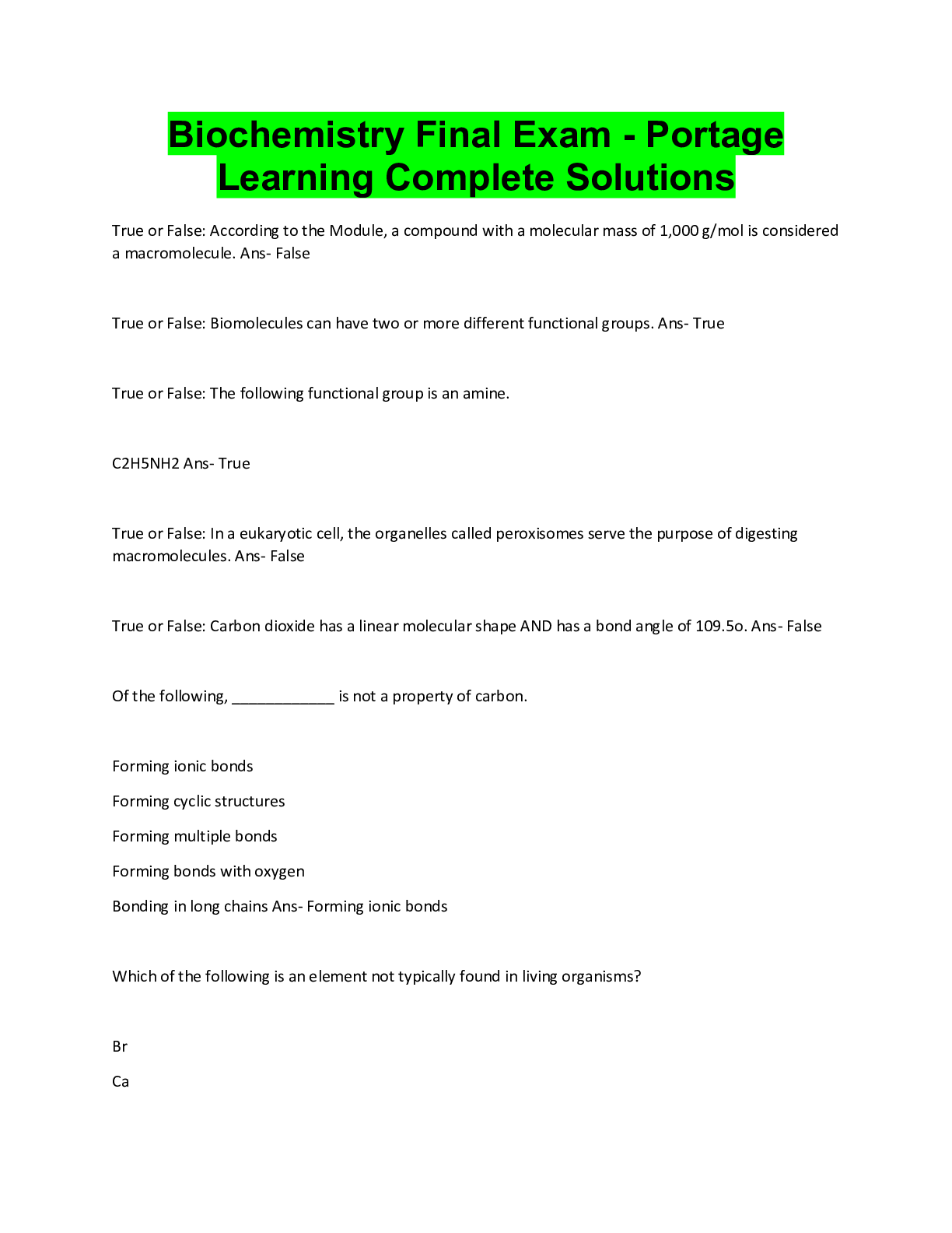Preview image for Biochemistry Final Exam - Portage  Learning Complete Solutions